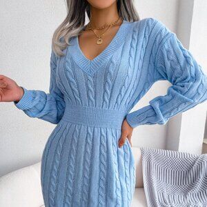 Cable-Knit V-Neck Mini Sweater Dress
